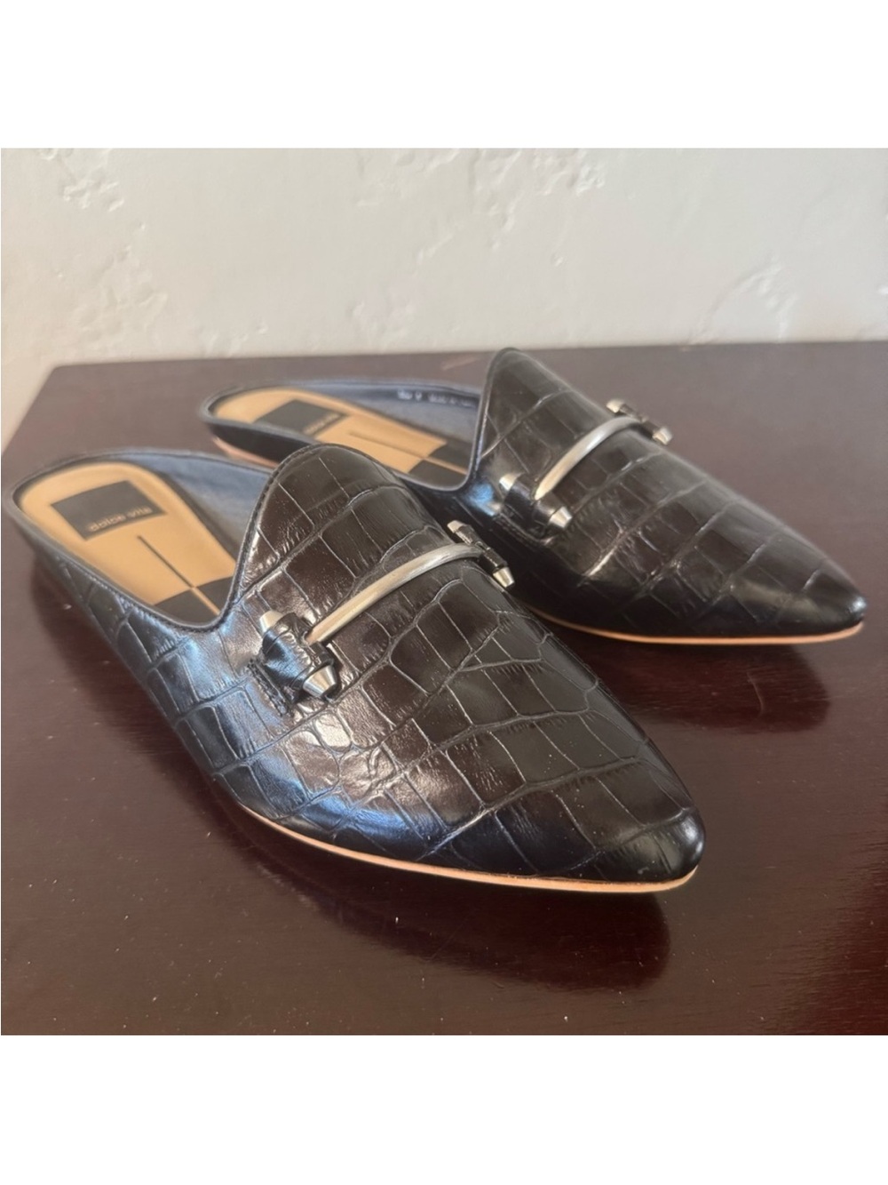 Dolce Vita Gram Crocodile Embossed Mules Slip On Shoes in Black